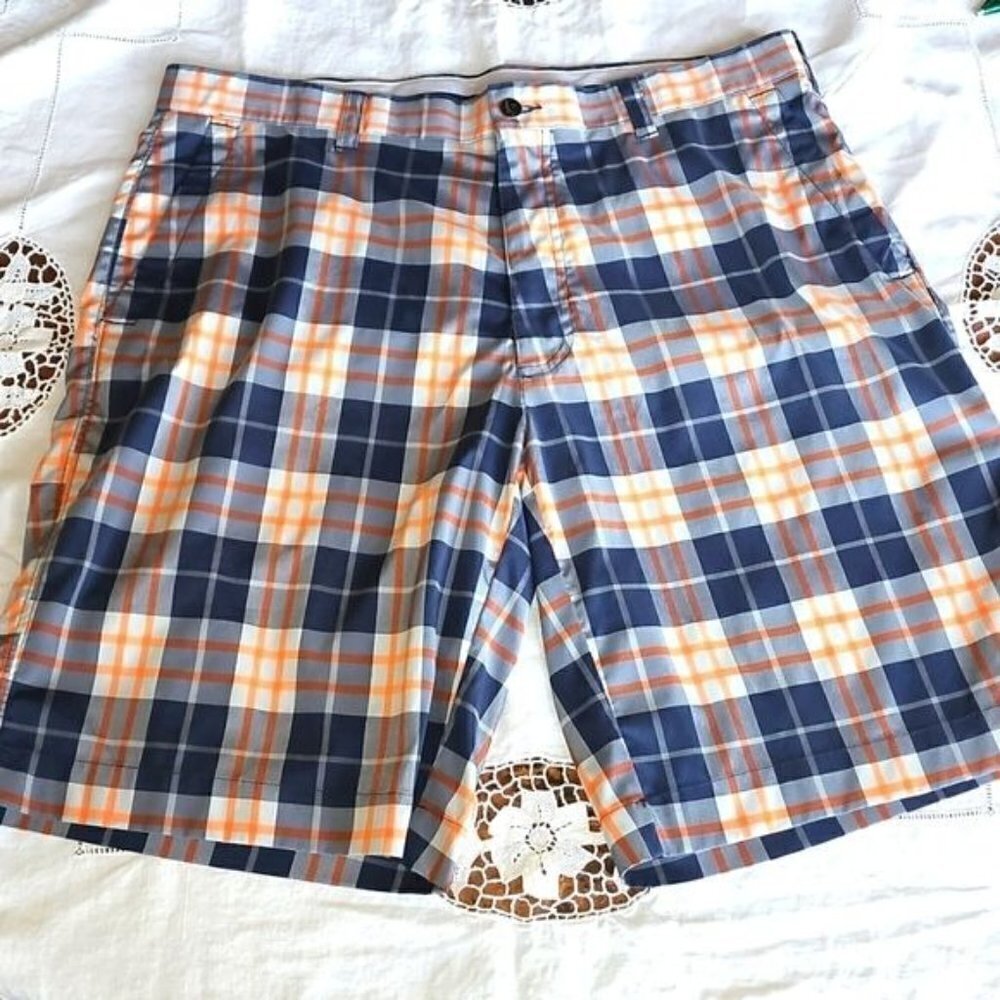 Callaway Mens Plaid Golf Shorts Navy Blue Orange White Sz 36 Performance Stretch
